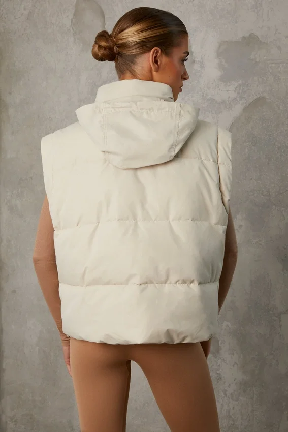 Cropped Puffer Jacket with Detachable Sleeves in Sand Cropped Puffer Jacket with Detachable Sleeves in Sand