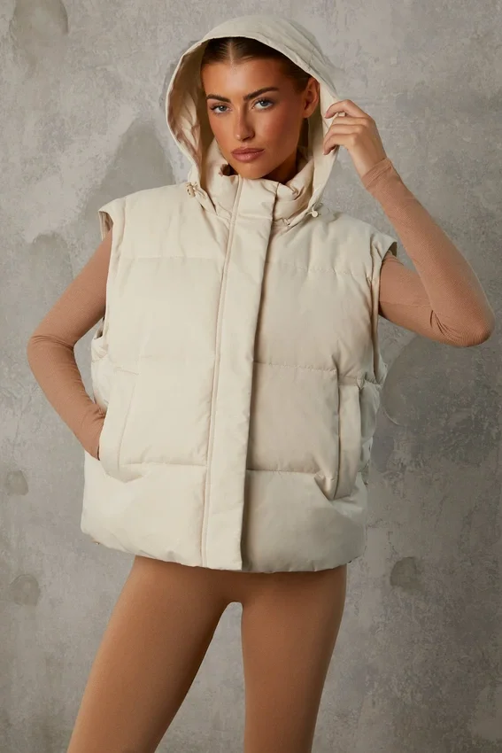 Cropped Puffer Jacket with Detachable Sleeves in Sand Cropped Puffer Jacket with Detachable Sleeves in Sand