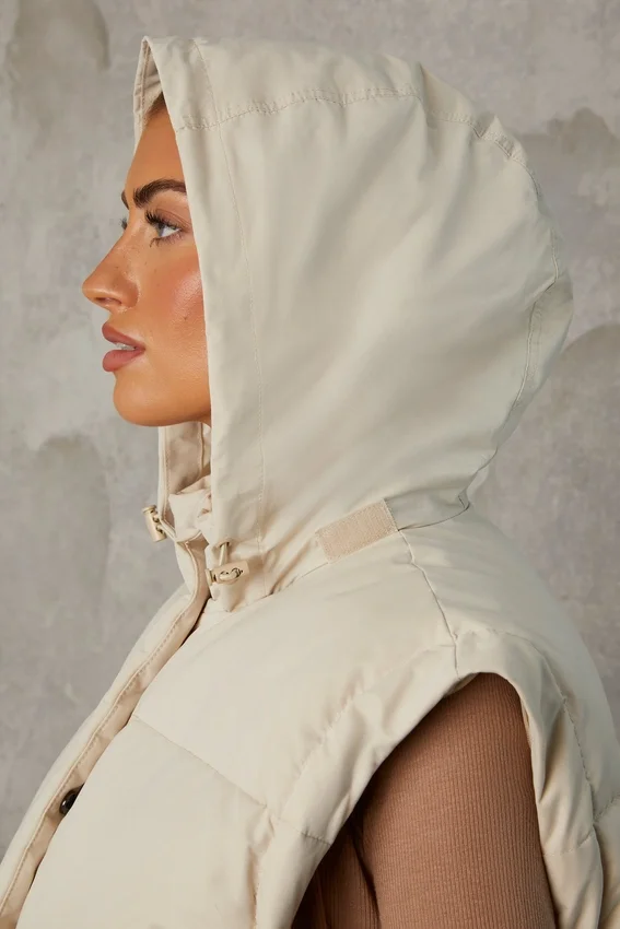 Cropped Puffer Jacket with Detachable Sleeves in Sand Cropped Puffer Jacket with Detachable Sleeves in Sand