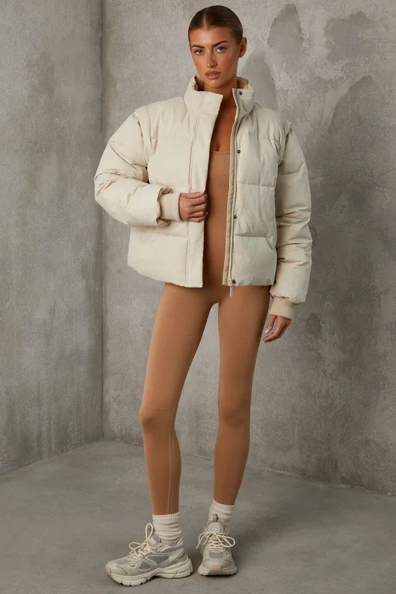 Cropped Puffer Jacket with Detachable Sleeves in Sand Cropped Puffer Jacket with Detachable Sleeves in Sand