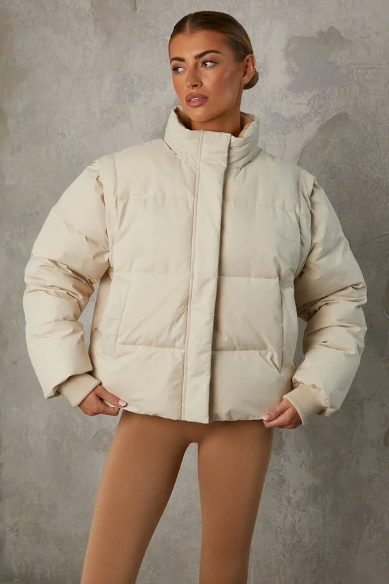 Cropped Puffer Jacket with Detachable Sleeves in Sand Cropped Puffer Jacket with Detachable Sleeves in Sand