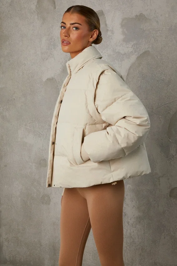 Cropped Puffer Jacket with Detachable Sleeves in Sand Cropped Puffer Jacket with Detachable Sleeves in Sand