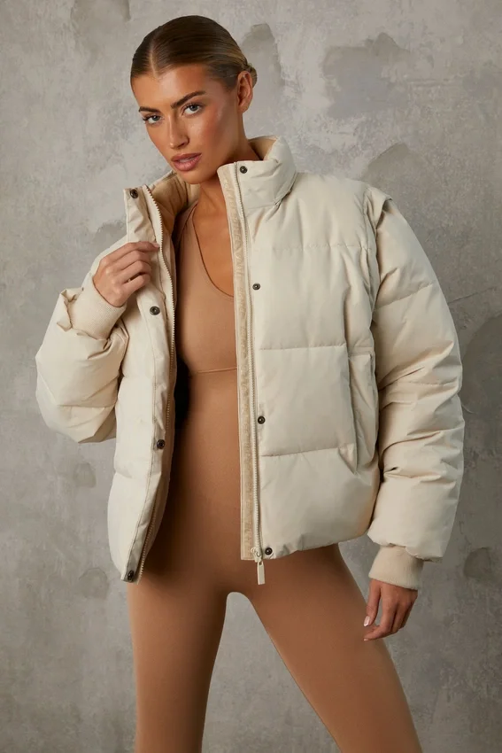 Cropped Puffer Jacket with Detachable Sleeves in Sand Cropped Puffer Jacket with Detachable Sleeves in Sand