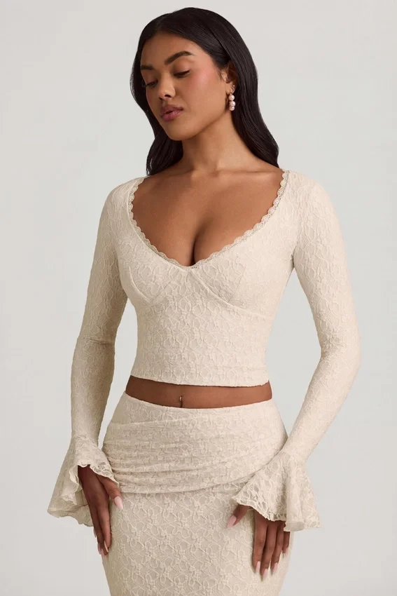 Dagny Ruffle Long-Sleeve Lace Top in Ivory Dagny Ruffle Long-Sleeve Lace Top in Ivory