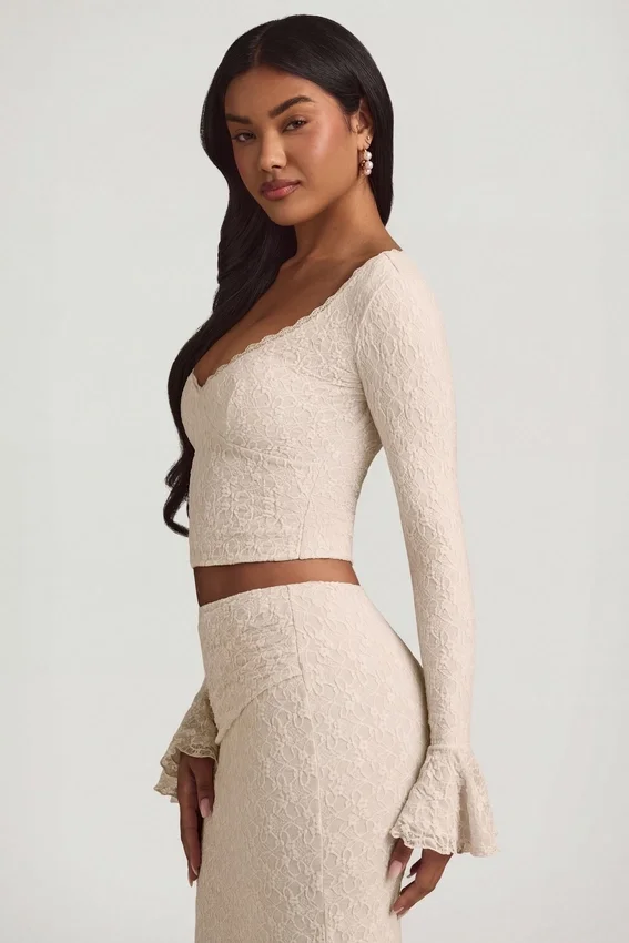 Dagny Ruffle Long-Sleeve Lace Top in Ivory Dagny Ruffle Long-Sleeve Lace Top in Ivory