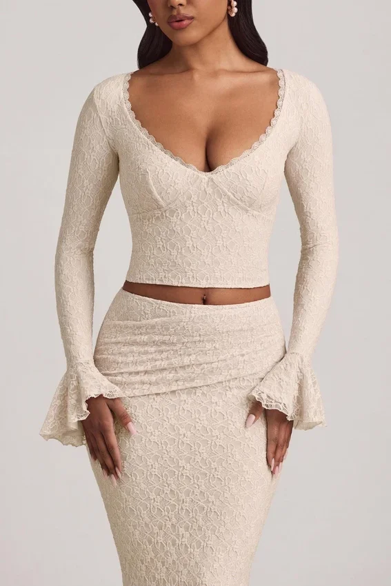 Dagny Ruffle Long-Sleeve Lace Top in Ivory Dagny Ruffle Long-Sleeve Lace Top in Ivory