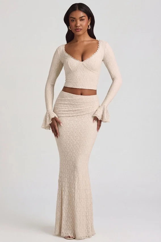Dagny Ruffle Long-Sleeve Lace Top in Ivory Dagny Ruffle Long-Sleeve Lace Top in Ivory