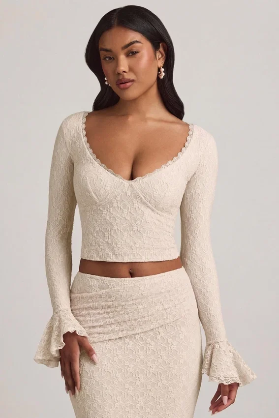 Dagny Ruffle Long-Sleeve Lace Top in Ivory Dagny Ruffle Long-Sleeve Lace Top in Ivory