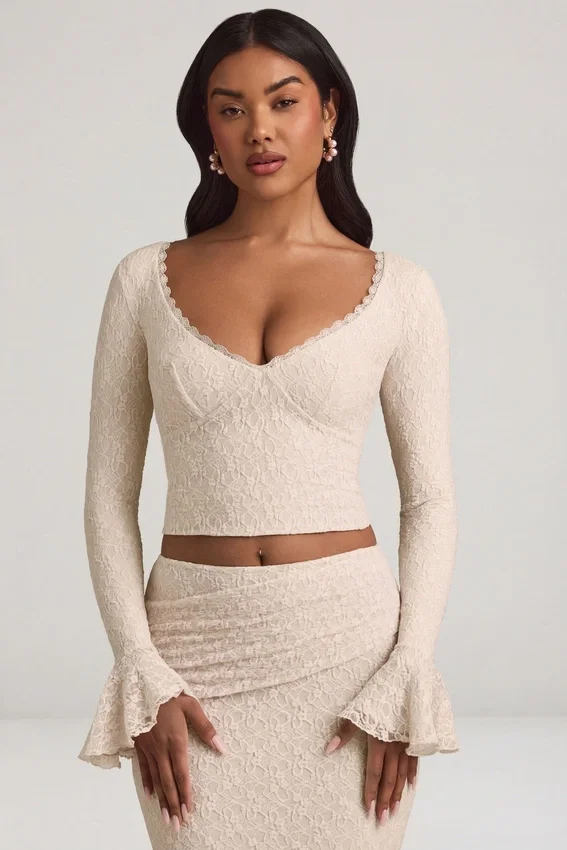 Dagny Ruffle Long-Sleeve Lace Top in Ivory Dagny Ruffle Long-Sleeve Lace Top in Ivory
