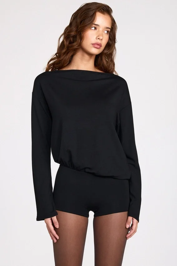 Dara Modal Long-Sleeve Backless Romper in Black Dara Modal Long-Sleeve Backless Romper in Black