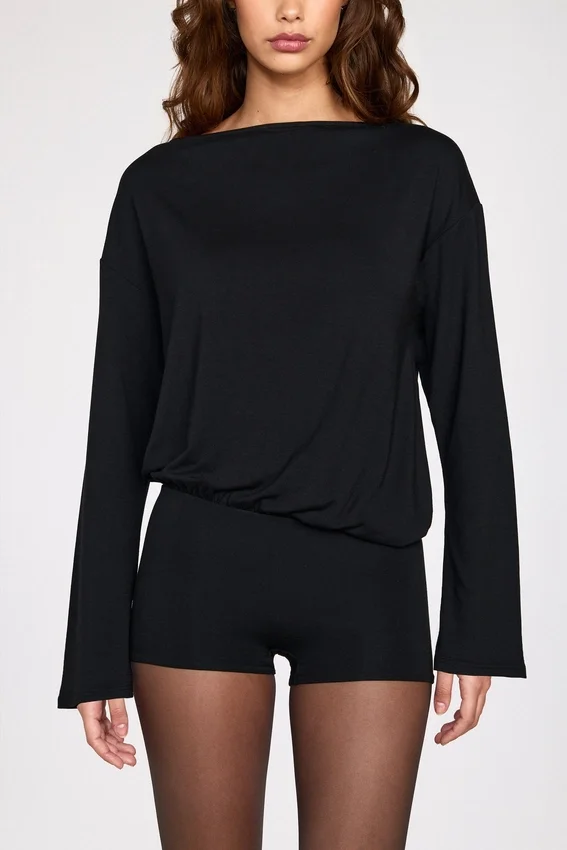 Dara Modal Long-Sleeve Backless Romper in Black Dara Modal Long-Sleeve Backless Romper in Black