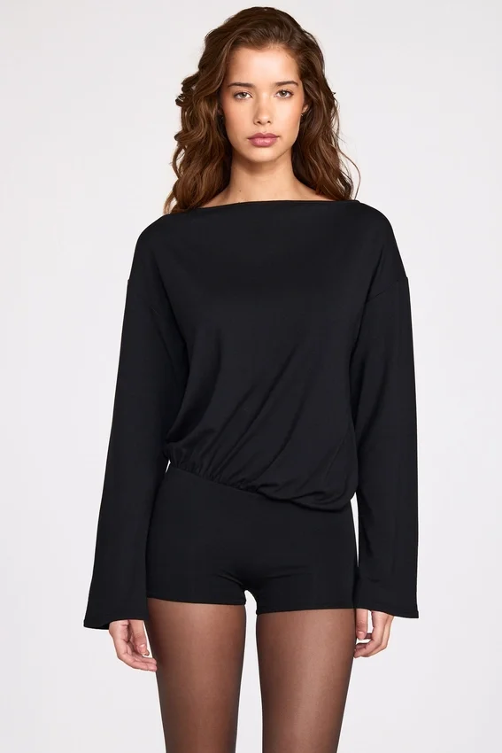 Dara Modal Long-Sleeve Backless Romper in Black Dara Modal Long-Sleeve Backless Romper in Black