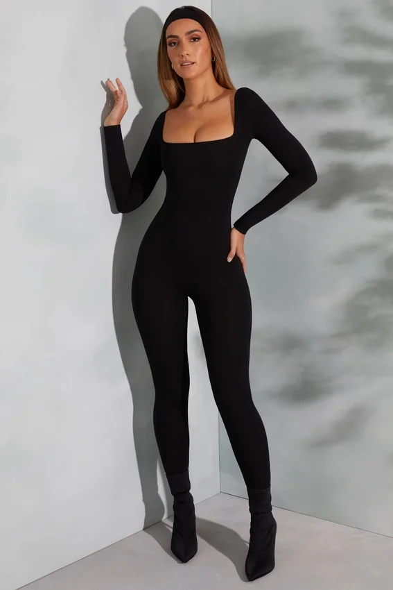 Delanie Square Neck Long Sleeve Jumpsuit in Black Delanie Square Neck Long Sleeve Jumpsuit in Black