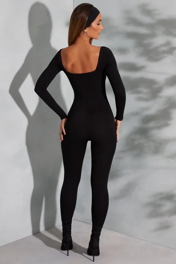 Delanie Square Neck Long Sleeve Jumpsuit in Black Delanie Square Neck Long Sleeve Jumpsuit in Black