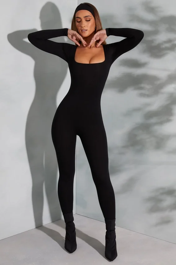 Delanie Square Neck Long Sleeve Jumpsuit in Black Delanie Square Neck Long Sleeve Jumpsuit in Black