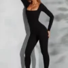 Delanie Square Neck Long Sleeve Jumpsuit in Black Delanie Square Neck Long Sleeve Jumpsuit in Black