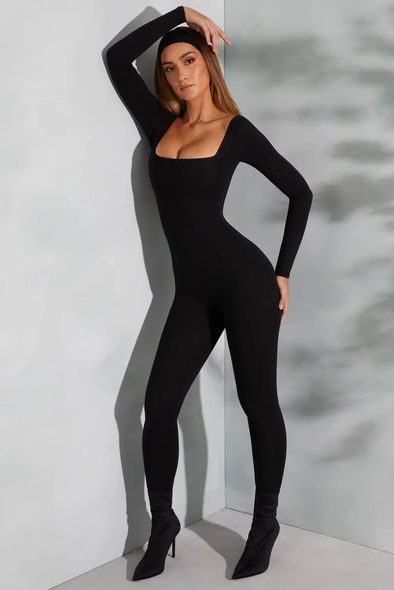 Delanie Square Neck Long Sleeve Jumpsuit in Black Delanie Square Neck Long Sleeve Jumpsuit in Black