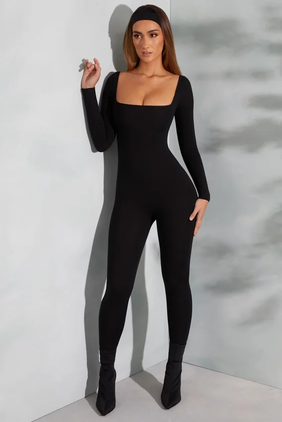 Delanie Square Neck Long Sleeve Jumpsuit in Black Delanie Square Neck Long Sleeve Jumpsuit in Black