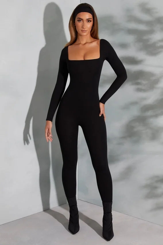 Delanie Square Neck Long Sleeve Jumpsuit in Black Delanie Square Neck Long Sleeve Jumpsuit in Black