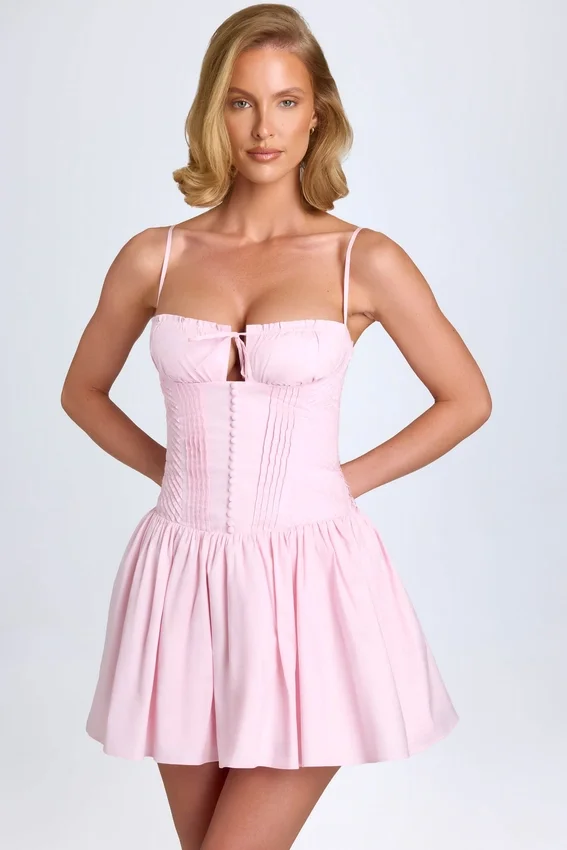 Dorothea Pintucked Shirred Mini Dress in Blush Dorothea Pintucked Shirred Mini Dress in Blush