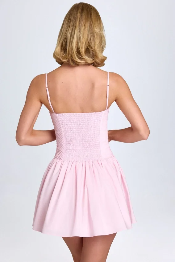 Dorothea Pintucked Shirred Mini Dress in Blush Dorothea Pintucked Shirred Mini Dress in Blush