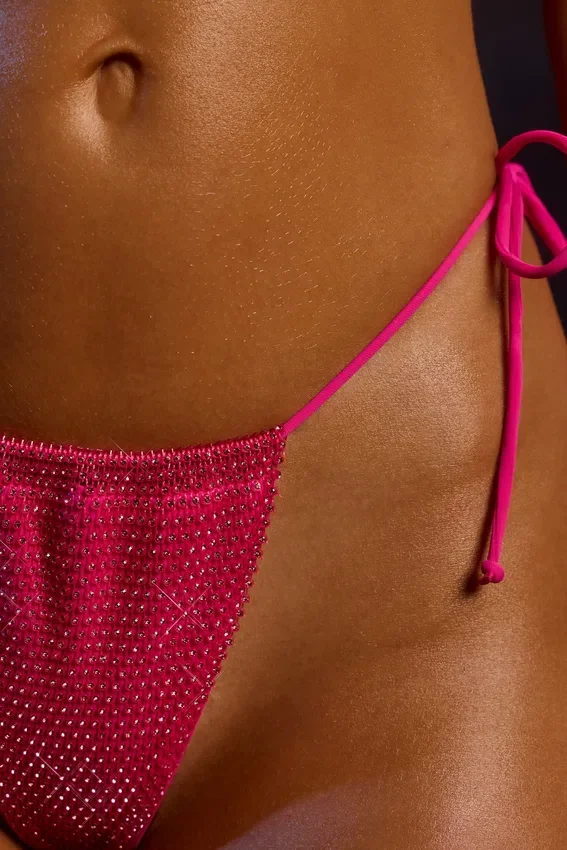 Drawstring Thong Bikini Bottoms in Hot Pink Drawstring Thong Bikini Bottoms in Hot Pink