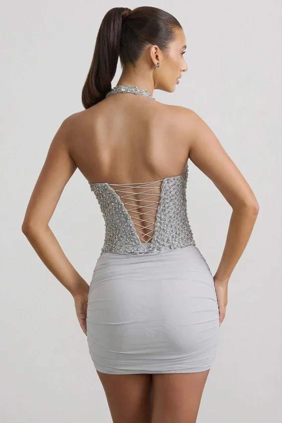 Drea Ruched Mid-Rise Mini Skirt in Silver Drea Ruched Mid-Rise Mini Skirt in Silver