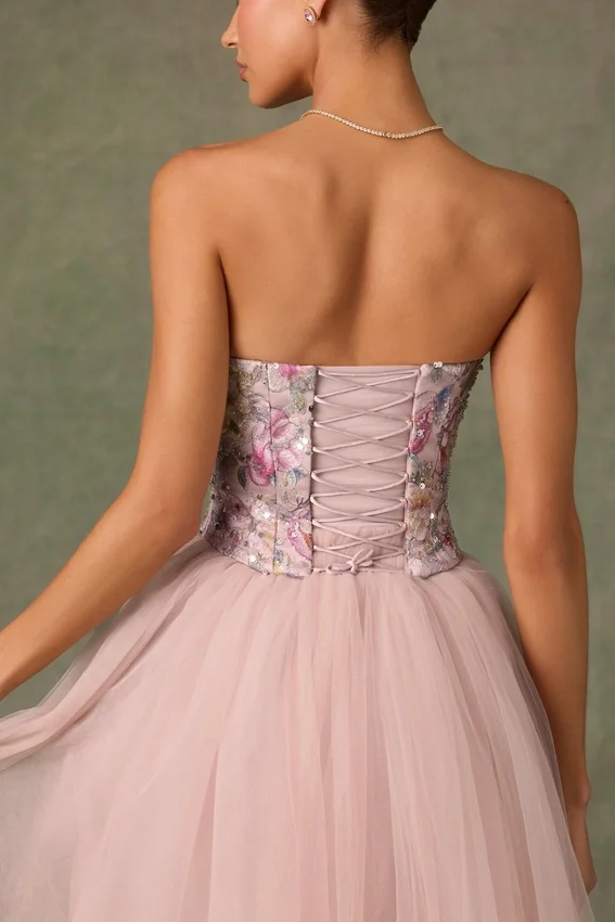 Elia Embellished Lace-Up Cupless Corset in Floral Pink Elia Embellished Lace-Up Cupless Corset in Floral Pink
