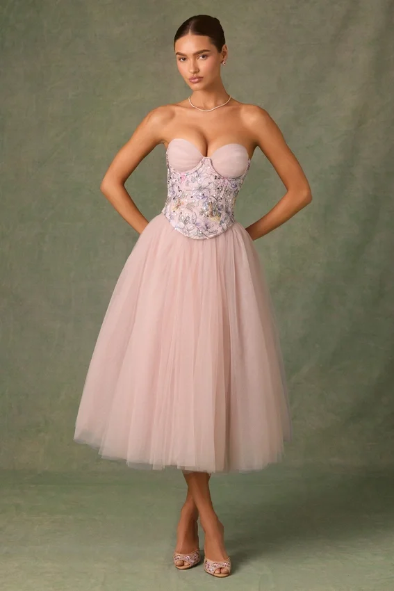 Elia Embellished Lace-Up Cupless Corset in Floral Pink Elia Embellished Lace-Up Cupless Corset in Floral Pink
