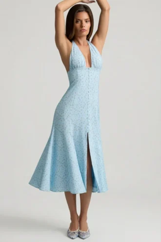 Elonia Halterneck Midaxi Dress in Blue Flower Print Elonia Halterneck Midaxi Dress in Blue Flower Print