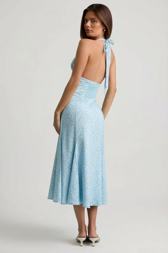 Elonia Halterneck Midaxi Dress in Blue Flower Print Elonia Halterneck Midaxi Dress in Blue Flower Print