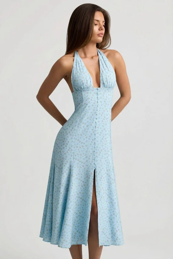 Elonia Halterneck Midaxi Dress in Blue Flower Print Elonia Halterneck Midaxi Dress in Blue Flower Print