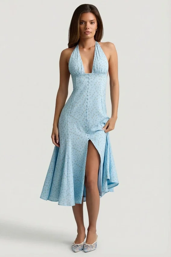 Elonia Halterneck Midaxi Dress in Blue Flower Print Elonia Halterneck Midaxi Dress in Blue Flower Print