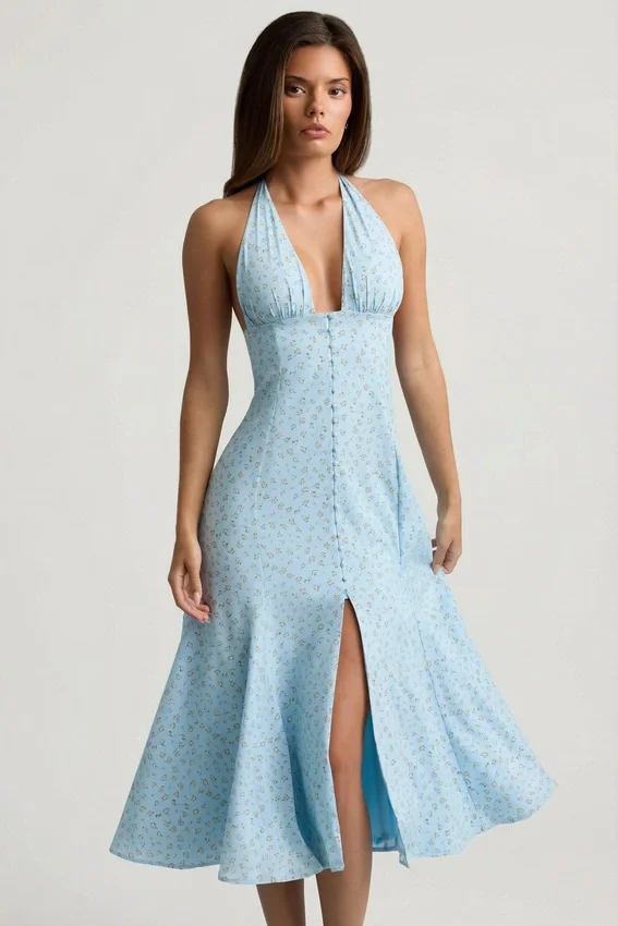 Elonia Halterneck Midaxi Dress in Blue Flower Print Elonia Halterneck Midaxi Dress in Blue Flower Print