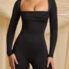 Elvina Petite Slinky Jersey Cowl-Neck Jumpsuit in Black Elvina Petite Slinky Jersey Cowl-Neck Jumpsuit in Black