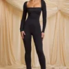 Elvina Petite Slinky Jersey Cowl-Neck Jumpsuit in Black Elvina Petite Slinky Jersey Cowl-Neck Jumpsuit in Black