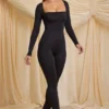 Elvina Petite Slinky Jersey Cowl-Neck Jumpsuit in Black Elvina Petite Slinky Jersey Cowl-Neck Jumpsuit in Black
