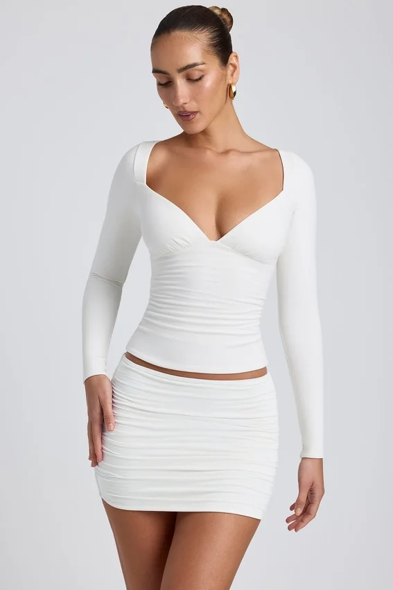 Cali Modal Ruched Mid-Rise Mini Skirt in White Cali Modal Ruched Mid-Rise Mini Skirt in White