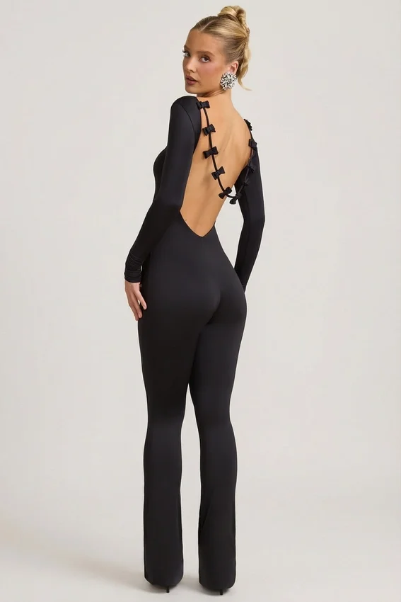 Eulalie Slinky Jersey Bow-Detail Jumpsuit in Black Eulalie Slinky Jersey Bow-Detail Jumpsuit in Black