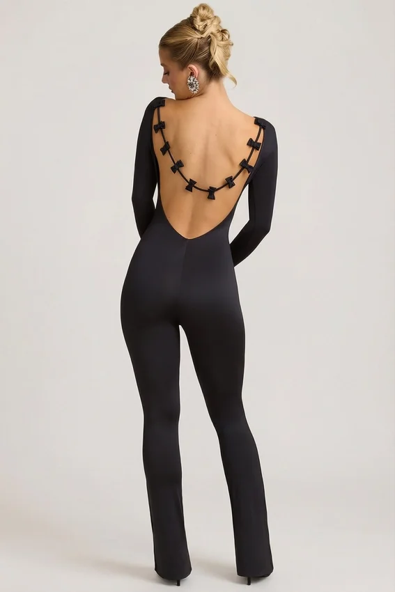 Eulalie Slinky Jersey Bow-Detail Jumpsuit in Black Eulalie Slinky Jersey Bow-Detail Jumpsuit in Black