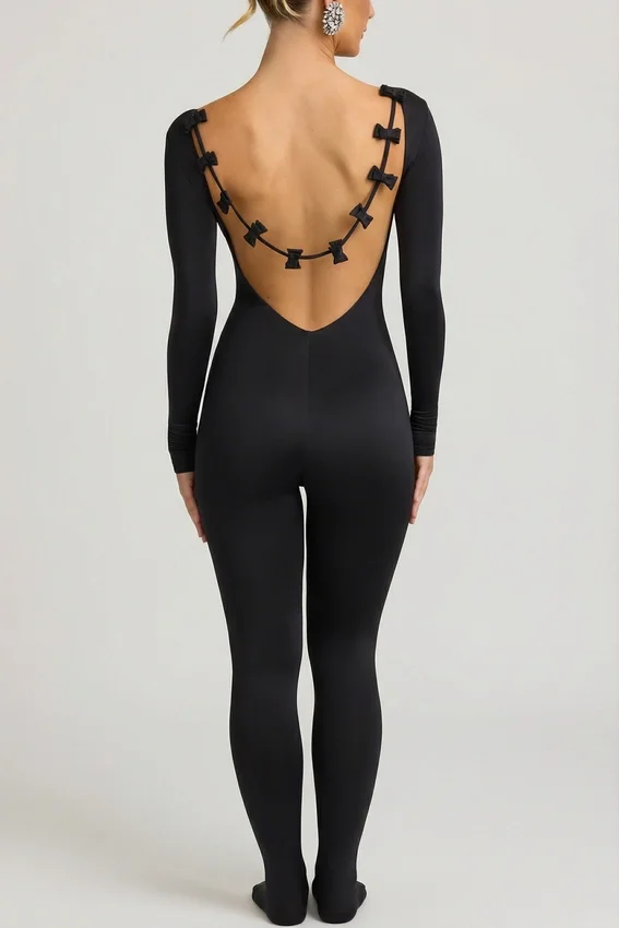 Eulalie Slinky Jersey Bow-Detail Jumpsuit in Black Eulalie Slinky Jersey Bow-Detail Jumpsuit in Black