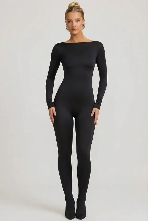 Eulalie Slinky Jersey Bow-Detail Jumpsuit in Black Eulalie Slinky Jersey Bow-Detail Jumpsuit in Black