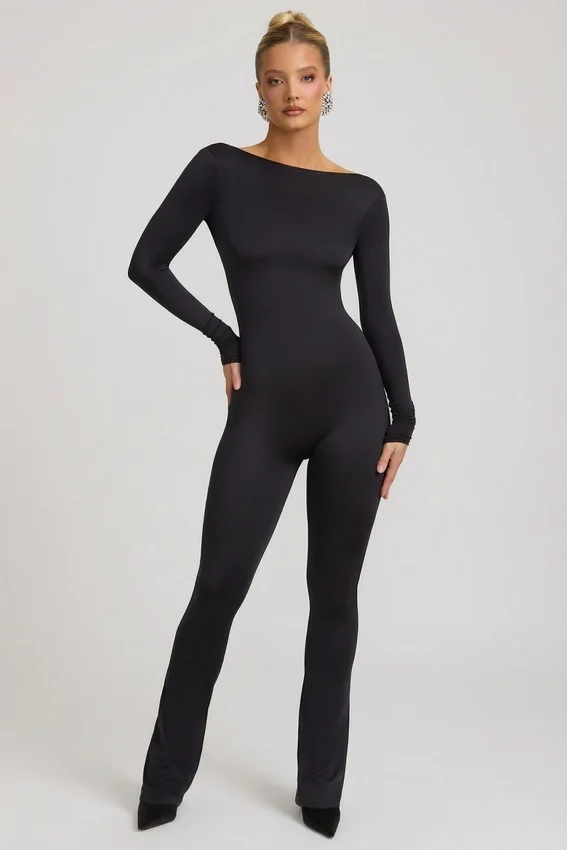 Eulalie Slinky Jersey Bow-Detail Jumpsuit in Black Eulalie Slinky Jersey Bow-Detail Jumpsuit in Black