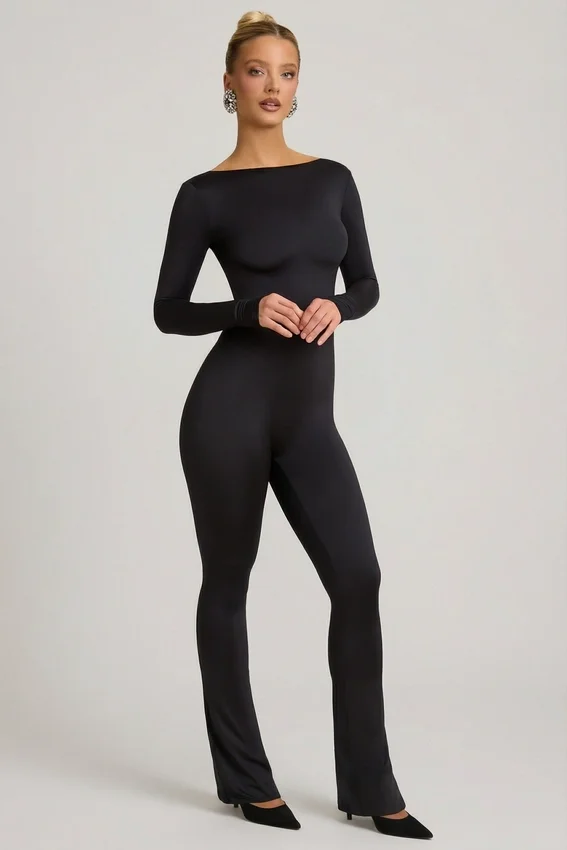 Eulalie Slinky Jersey Bow-Detail Jumpsuit in Black Eulalie Slinky Jersey Bow-Detail Jumpsuit in Black