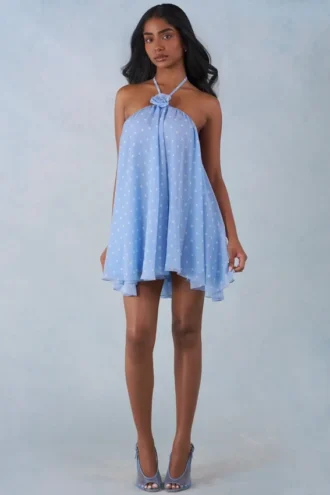 Evania Halterneck Babydoll Mini Dress in Blue Polka Dot Print Evania Halterneck Babydoll Mini Dress in Blue Polka Dot Print
