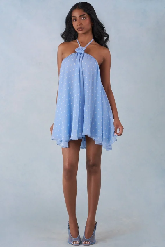 Evania Halterneck Babydoll Mini Dress in Blue Polka Dot Print Evania Halterneck Babydoll Mini Dress in Blue Polka Dot Print