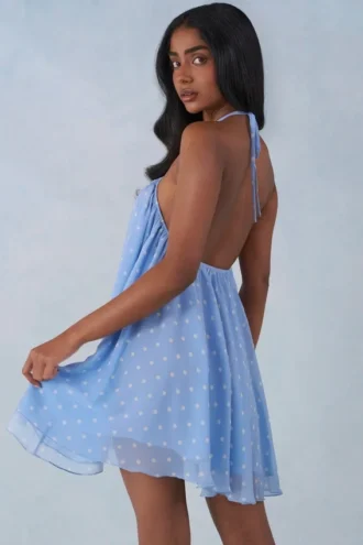 Evania Halterneck Babydoll Mini Dress in Blue Polka Dot Print Evania Halterneck Babydoll Mini Dress in Blue Polka Dot Print