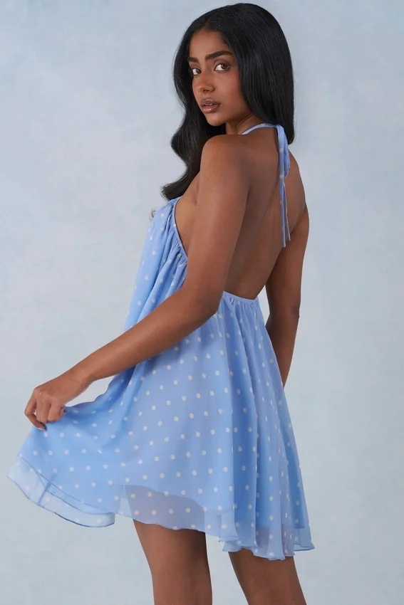 Evania Halterneck Babydoll Mini Dress in Blue Polka Dot Print Evania Halterneck Babydoll Mini Dress in Blue Polka Dot Print