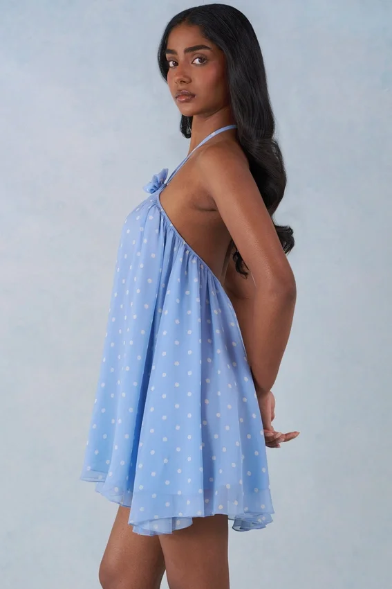 Evania Halterneck Babydoll Mini Dress in Blue Polka Dot Print Evania Halterneck Babydoll Mini Dress in Blue Polka Dot Print