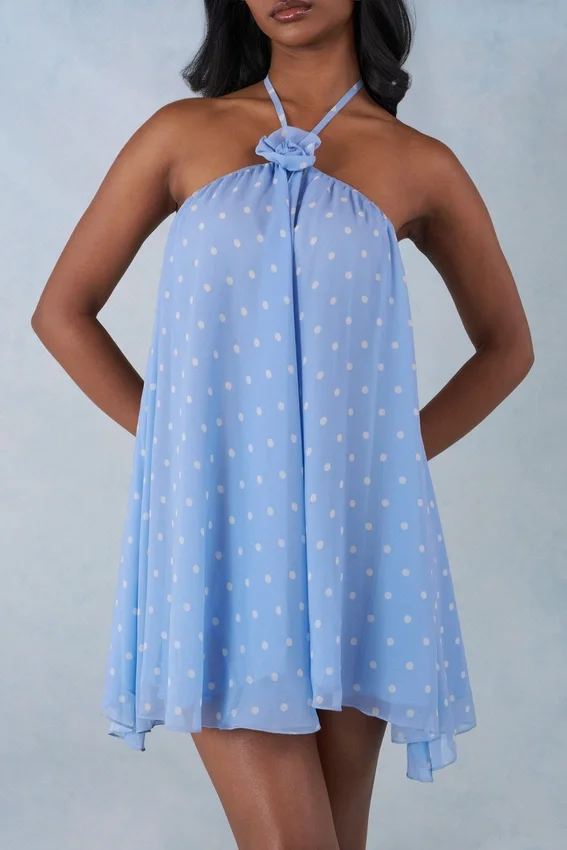 Evania Halterneck Babydoll Mini Dress in Blue Polka Dot Print Evania Halterneck Babydoll Mini Dress in Blue Polka Dot Print